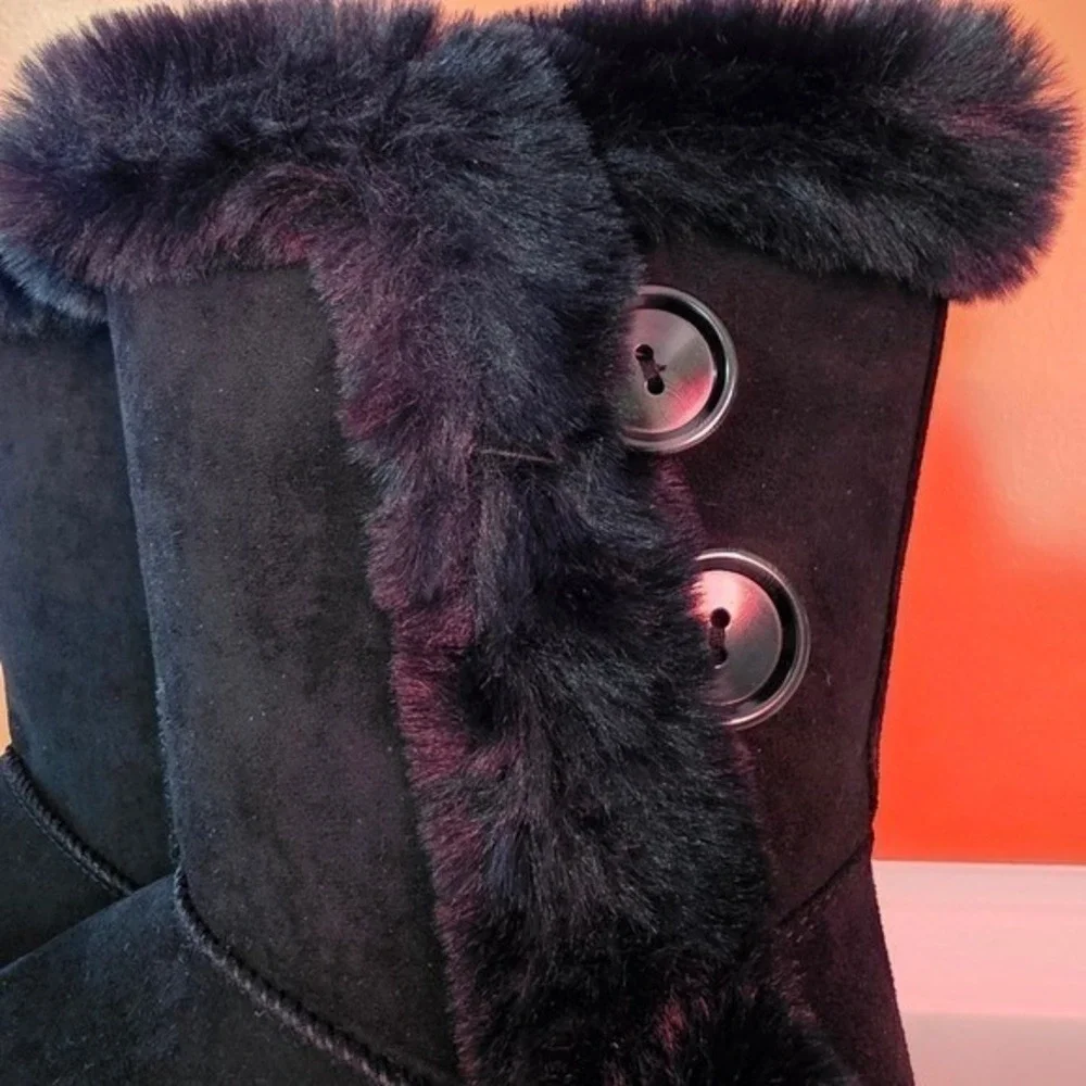 Black Faux Suede Mid-Calf Winter Boots with Faux Fur Trim and Button Detail Cozy